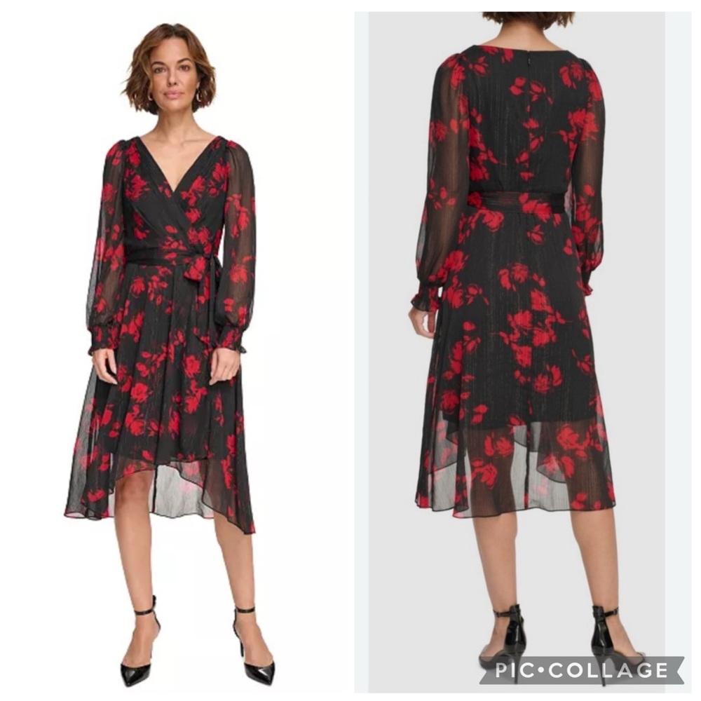 DKNY Floral Long Sleeve Faux Wrap Dress Black Red Metallic‎ 6